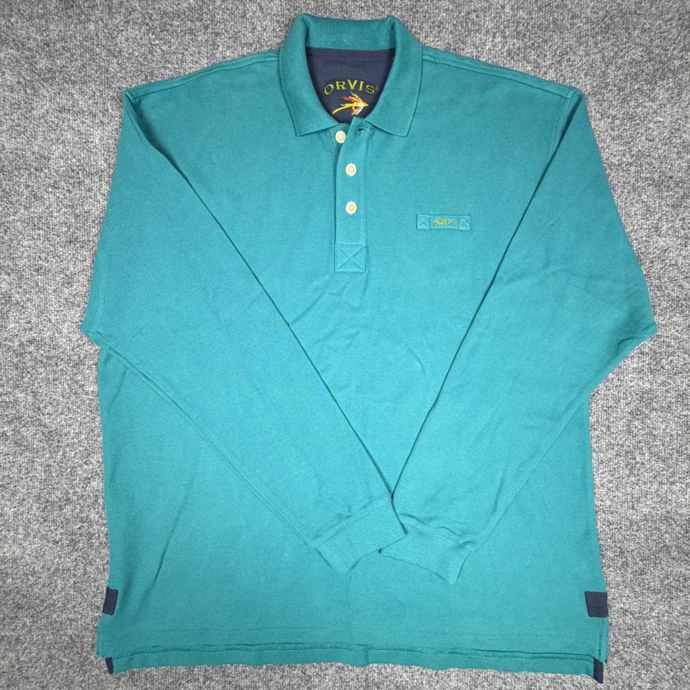 Orvis‎ Mens XL Tall Teal Green Long Sleeve Pique Polo Shirt 100% Cotton 2JJK